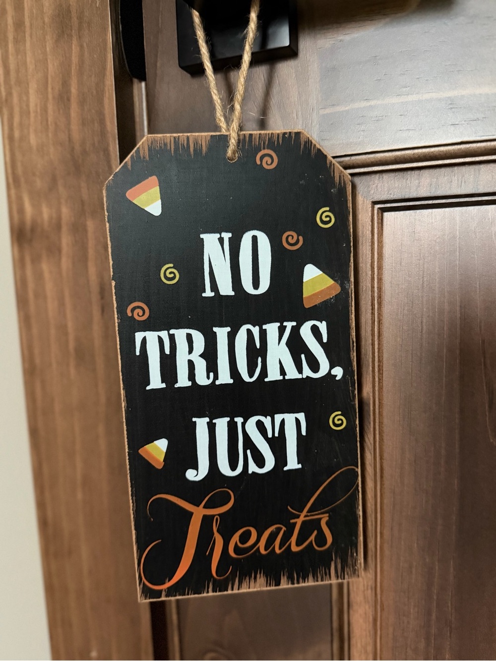 Wooden Halloween Sign "No Tricks, Just Treats" 9" Hanging Wall Door Decor